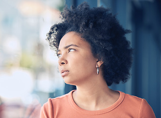 Image showing Mental health, window and sad girl thinking about life problem, crisis or bad news while leaning on glass. Fail, mistake and depressed black woman with anxiety, depression and stress about bad news