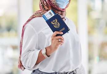 Image showing Covid, passport and travel with a muslim woman in airport for international or global traveling and tourism. Hand, documents and immigration with an islamic female passenger walking in a terminal