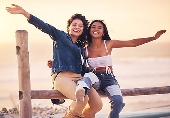 Image showing Beach, sunset and portrait of girl friends on outdoor adventure for bonding, peace and sea freedom. Happy, smile and nature women on summer vacation, travel journey or holiday to Miami Florida ocean