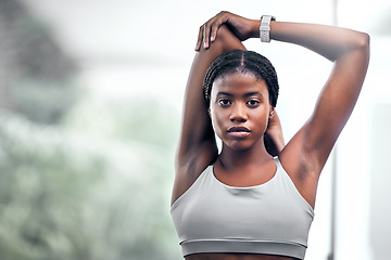 Image showing Black woman, arm or stretching in fitness, workout or training in muscle recovery, pain relief or healthcare wellness. Portrait, runner or sports athlete in warm up exercise or marathon running goals