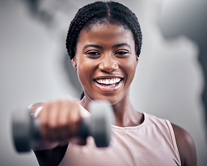 Image showing Dumbbell, fitness and black woman in portrait for muscle, power and energy in wellness training mockup. Happy strong sports, athlete and gym girl or african in challenge exercise or workout headshot