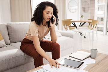 Image showing Woman, home phone call and documents for finance planning, online bank communication or startup management. Financial, invoice and quote with black woman talking on a smartphone, tablet and paperwork