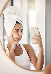 Image showing Selfie, skincare and woman with a phone for facial health, morning cleaning and shower in the bathroom. Self care, relax and clean face of a girl with a photo for care of skin in a mirror for beauty