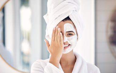 Image showing Woman, face mask or hands in skincare spa treatment, home self care or healthcare wellness for acne, collagen or dermatology. Portrait, smile or happy person with cream product or house chemical peel