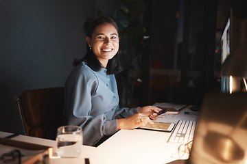 Image showing Tablet, credit card or woman with online shopping payment in office for investment, web audit or product purchase at night. Happy, ecommerce or employee with smile for trading, invest or banking