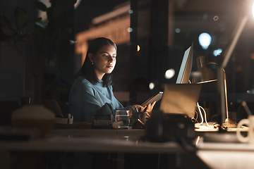 Image showing Business woman, in office at night and use tablet with computer planning, thinking and working on digital strategy for financial company. New york, corporate employee and fintech banking security