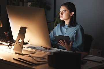 Image showing Night office, computer and business woman with tablet for digital marketing, seo analytics and multimedia application review. Website design, graphic designer and creative employee in dark workspace