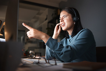 Image showing Confused, call center and business woman at night for global virtual IT, technology support or system problem solving. 404 error, fail and computer software update of corporate manager in dark office