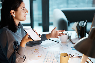 Image showing Communication, office and business woman on a phone call for discussion, virtual meeting and talking to client. Startup, mockup screen and girl working, speaking and in conversation on smartphone