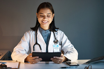 Image showing Digital tablet, woman and doctor doing research for medical innovation, medicine or science. Technology, professional and healthcare worker analyzing test results on a mobile device at the clinic.