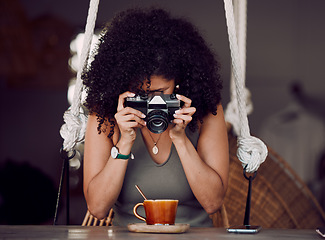 Image showing Woman influencer, camera photography and coffee shop, cappuccino and blog post, website and content marketing a product. Female, picture and food for social media, photographer and content creator