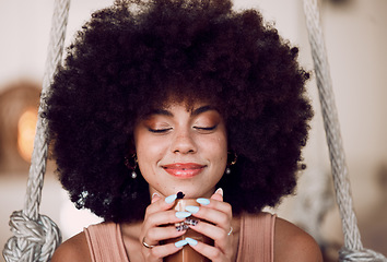 Image showing Black woman, coffee or tea at a cafe to relax, calm and peace with natural afro hair in brazil while thinking and smelling aroma. Female drinking cup for morning motivation, inspiration and happiness