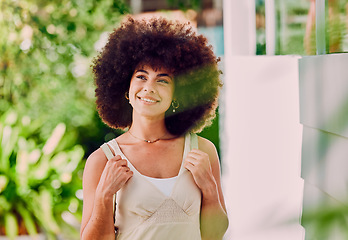 Image showing Black woman, travel and happy while walking in a city, smile and relax, having fun and thinking outdoors. Student, girl and backpack for traveling in Mexico, explore, sightseeing and solo adventure