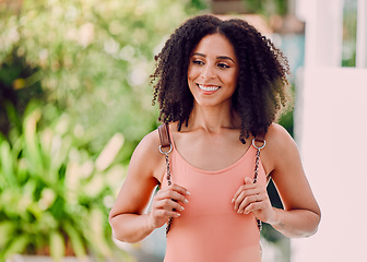 Image showing Travel, student and woman leaving for trip, happy and smile while getting ready to walk in city. Black woman, travelling and foreign exchange program for girl excited to explore adventure in New York