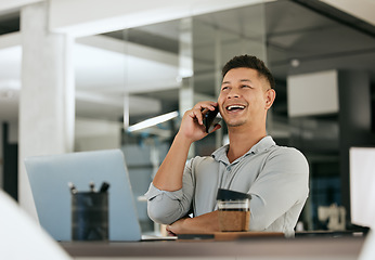 Image showing Businessman, happy phone call and office with smile for deal, agreement or sale while networking. Man, happiness and success in telemarketing, consulting and advice to client at desk