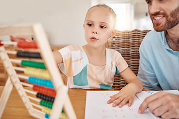 Image showing Education, teaching and learning girl with dad with abacus counting during homeschool class in the living room. Happy family bonding with educational game with man and girl learn math and numbers