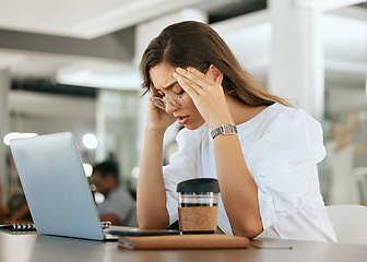 Image showing Freelance woman, burnout headache and head pain from work stress, overtime and mental health fatigue problem. Remote worker, tired and unwell while suffering from bad migraine, anxiety and exhaustion