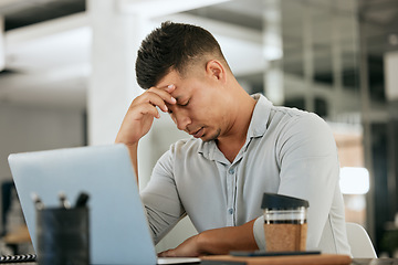 Image showing Headache, laptop and man with stress, anxiety and suffer from burnout, internet browse and office. Young male, upset entrepreneur and tired business owner with issues with planning and mental health.