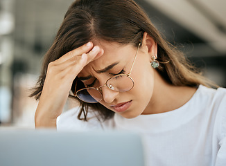 Image showing Stress, headache and office burnout of a business woman experience a computer glitch. Working employee with a 404, audit and online problem feeling anxiety and mental health issue at her office job