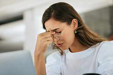 Image showing Headache, woman and burnout in office, anxiety and mental health. Young female, entrepreneur and business owner with pain, tired and upset with planning issues, overworked and depressed with stress.