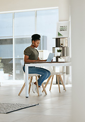 Image showing Black woman, laptop and working in home office for startup business entrepreneur, work from home expert or remote research manager. African girl, typing email or seo employee on computer at home