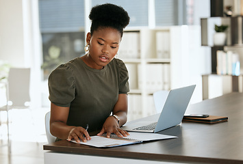 Image showing Black woman, finance paper and accounting worker, laptop and working on budget, planning and strategy in office at desk. Business woman, financial employee and reading contract, document or paperwork