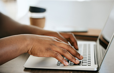 Image showing Digital, laptop and hands copywriting, email marketing or content marketing on website with seo for startup company. Zoom, web design and African user typing to research an algorithm on social media