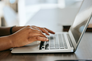 Image showing Laptop, hands typing and writer with research for website copywriting, newsletter and blog ideas or inspiration at office desk. Business editing, digital marketing and professional editor on keyboard