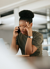 Image showing Headache, phone call and black woman with business, burnout experience and talking in office. Young female, girl and entrepreneur with smartphone, stress and with issue for startup company and chat.