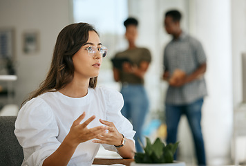 Image showing Business woman, creative office and thinking at desk while talking and explaining plan, idea or strategy in a coworking workplace. Designer planning creativity, project and innovation or vision