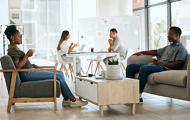 Image showing Business people, interview and recruitment with hr, waiting and talking in office for job seeker and employment company. Black man and woman talking in office while waiting for hiring manager at work