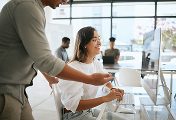 Image showing Employees working, collaboration and strategy on computer, software technology and planning in modern office agency. Manager coaching happy business woman, desktop pc and training, web design or idea