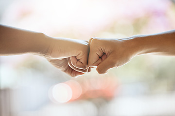 Image showing Teamwork, fist bump and motivation, collaboration and success for goals, trust and support. Closeup friends, greeting hands and team building, commitment and winner, solidarity and fighting racism