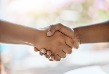 Image showing Support, trust and closeup of handshake for teamwork, partnership and collaboration of business people. Diversity, b2b communication and shaking hands for thank you, well done and congratulations