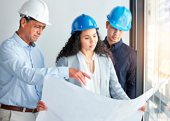 Image showing Architecture, blueprint and business people teamwork, planning building development and civil engineering project for safety check. Floor plan paper, corporate contractor and construction strategy