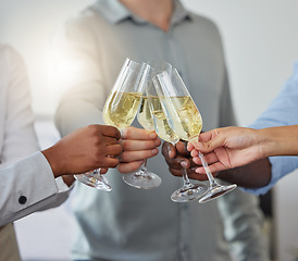 Image showing Business people hands, wine glass and cheers celebration at office party. Closeup group of workers toast to celebrate for champagne, drink and alcohol at social gathering, success and congratulations