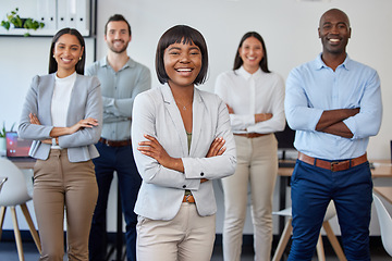 Image showing Black woman, leadership and portrait of business people with arms crossed in office. Teamwork, collaboration and happy group of employees working together for targets, goals or success in workplace.