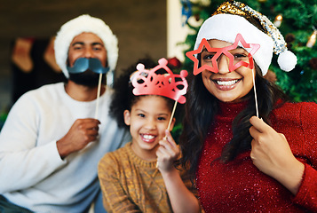 Image showing Christmas, props and portrait of girl with family celebration with happy of mom, father and kid love together at home. Xmas vacation party, holiday bonding and mother with child smile in living room
