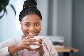 Image showing Relax, coffee and smile with portrait of black woman for content, weekend and lounge at home. Happy, break and lifestyle with girl in living room and mug of tea for peace, beverage and comfortable