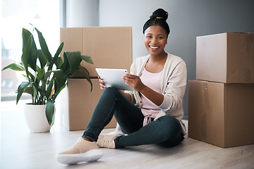 Image showing Woman, moving and tablet of black person with new home and real estate property happy. Portrait of house box with female on web, internet and online ecommerce online shopping for furniture with wifi