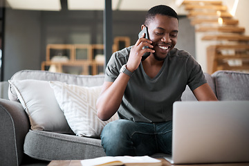 Image showing Phone call, laptop or black man with communication for networking, telemarketing or planning schedule in living room. Remote work or employee smartphone for contact us, consulting or SEO planning