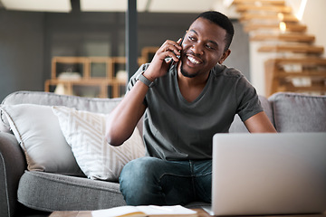 Image showing Phone call, laptop and relax with black man on sofa for online shopping order, remote work and planning. Social networking, communication and contact with guy in living room at home for website