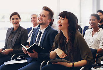 Image showing Diversity, happy or business people in workshop success presentation, business meeting or company seminar. Teamwork, collaboration and startup worker with smile for tradeshow or conference audience