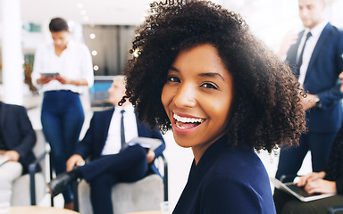 Image showing Smile, happy and portrait of black woman at startup meeting for corporate workshop, diversity and networking project. Teamwork, confident and proud afro woman in lounge with men and women in office.