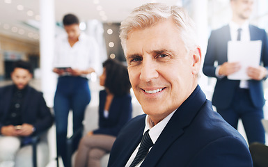 Image showing Senior business man, portrait and manager in a teamwork meeting happy about company growth. Business man, corporate leader and ceo smile from employee work strategy, success and office collaboration