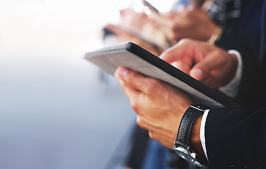 Image showing Hands, corporate or business people with tablet for communication, planning or networking strategy in conference. Teamwork, business meeting or hand with technology for innovation, vision or mission