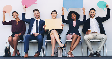 Image showing Interview, group and portrait with poster, sign or speech bubble at social media marketing agency. People smile, diversity or board for hiring, recruitment or opportunity at digital marketing company