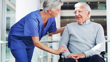 Image showing Healthcare, nurse and retirement man in a rehabilitation nursing home for disability health. Wheelchair, clinic patient and caregiver smile with doctor and healthy medic care talking to senior male