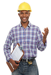 Image showing Architect, portrait smile and construction with clipboard for inspection, handyman or maintenance on mockup. Happy male contractor or builder with safety hat smiling against a white studio background