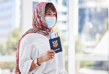 Image showing Travel, immigration and refugee woman with passport, mask and hijab at customs with ticket. Covid restrictions, global healthcare in pandemic and muslim woman with documents before flight in Iran.